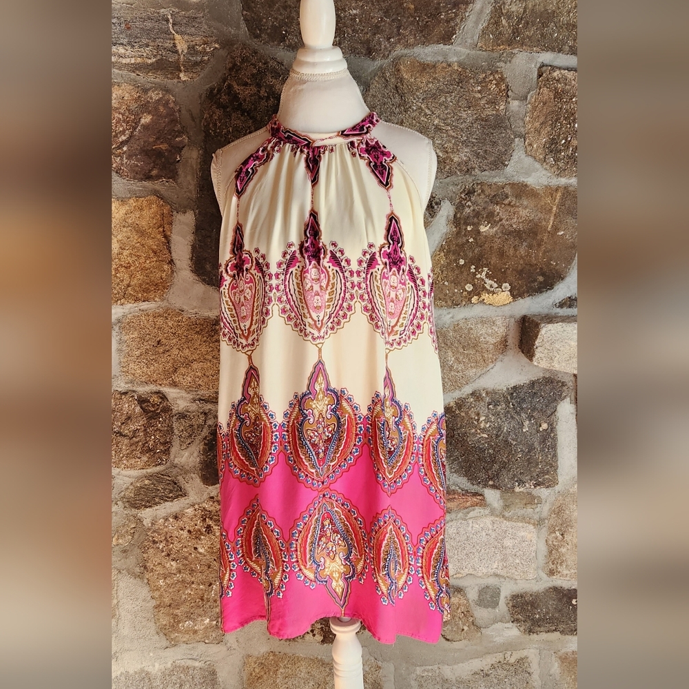 BlueTime Printed Halter Sleeveless Hanging Neck Press Dress Size Small